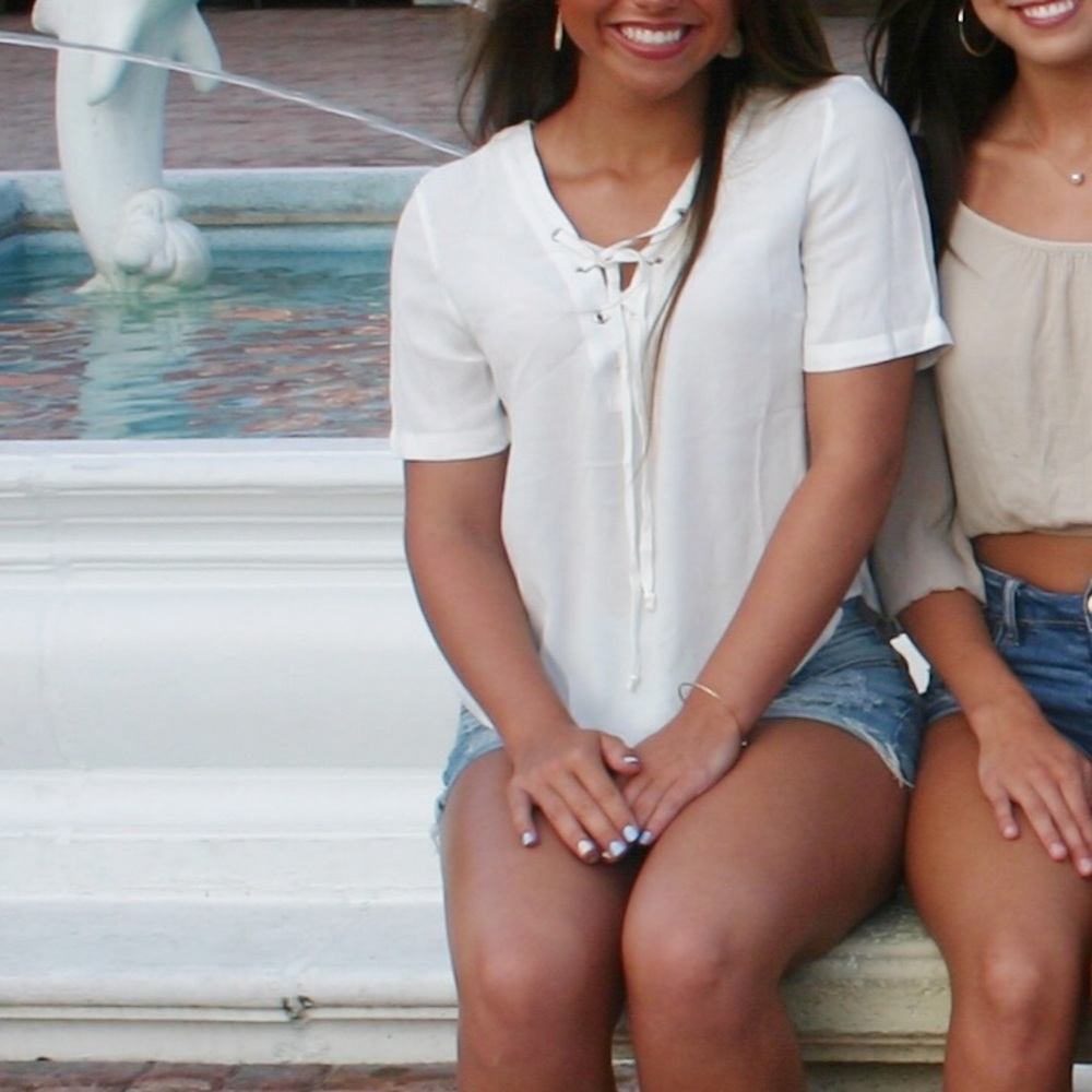 White lace up short sleeve top